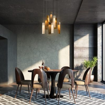 Dining room in loft, industrial style, 3d render